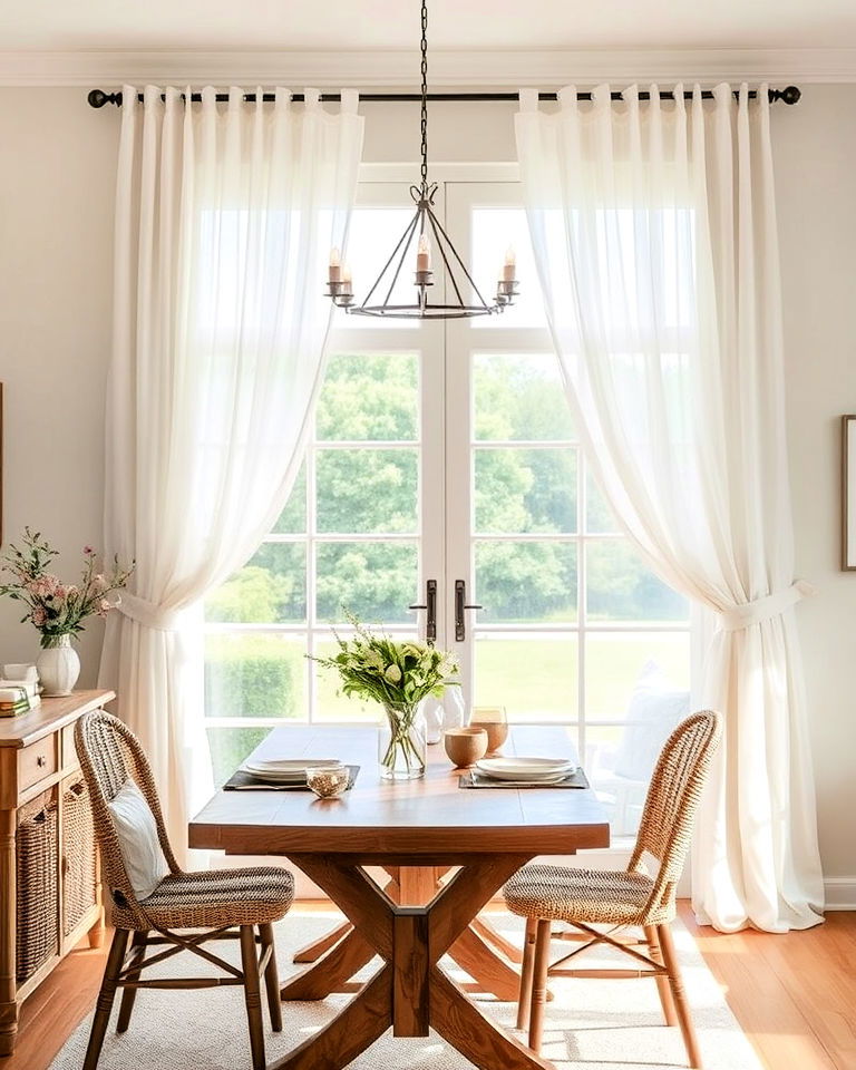 layered curtains with sheer and linen - 40 Cottagecore Dining Room Ideas