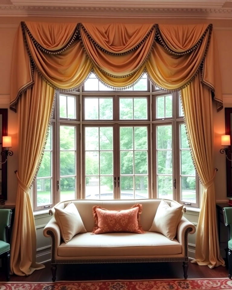 layered drapes and valances for formality - 30 Bay Window Treatment Ideas