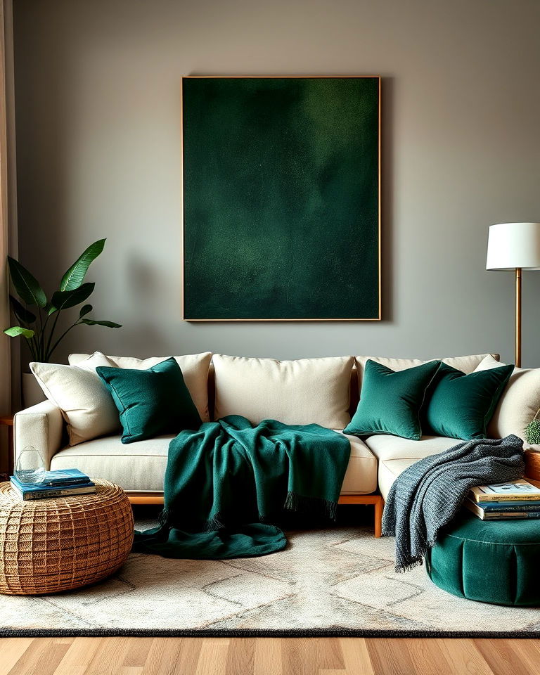 layered green and neutral textures living room - 25 Forest Green Living Room Ideas