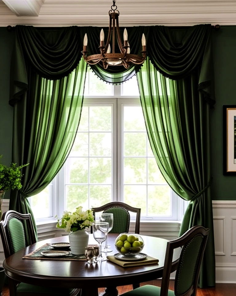 layered green curtains for dining room - 20 Dark Green Dining Room Ideas