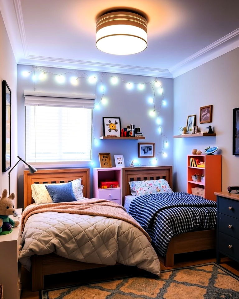 layered lighting in kids room for versatile use - 40 Shared Kids Room Design Ideas