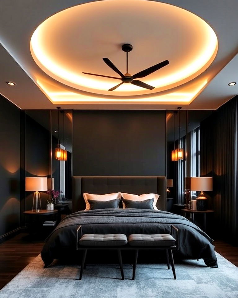 layered lighting in luxury bedroom - 25 Luxury Black Bedroom Ideas