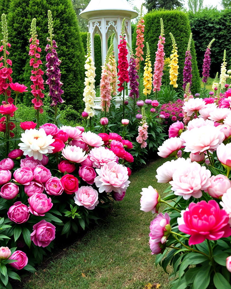 layered peony borders with taller backdrops - 15 Peony Garden Design Ideas