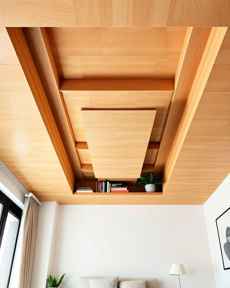 layered plywood ceiling with integrated shelving - 20 Plywood Ceiling Ideas
