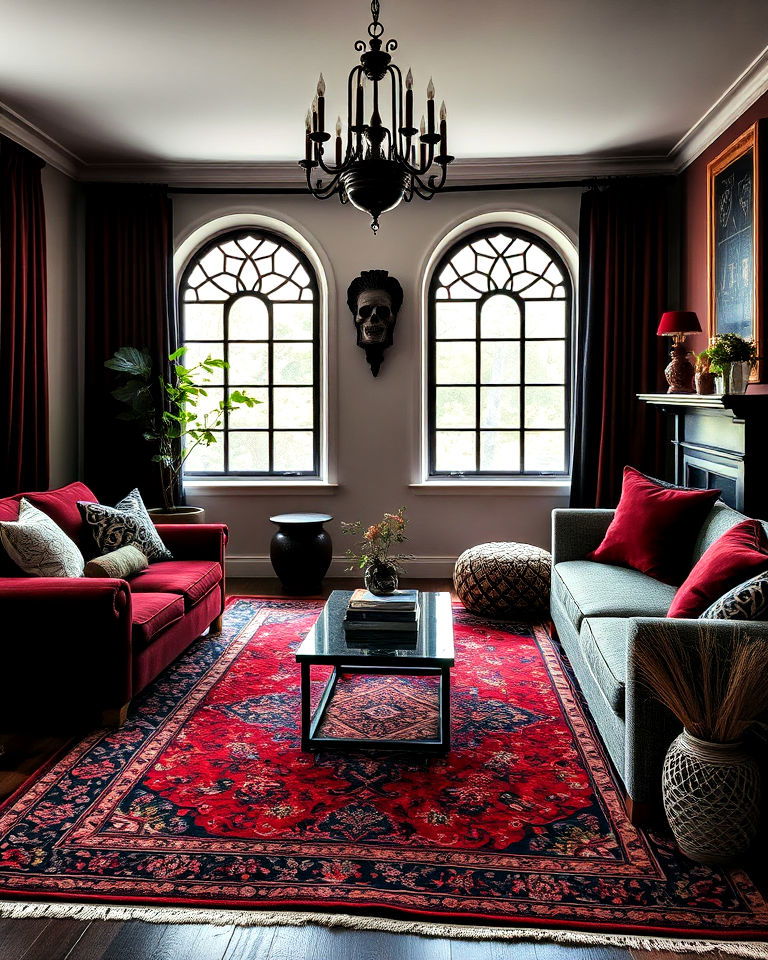 layered rug in deep hues for gothic boho decor - 20 Gothic Boho Decor Ideas