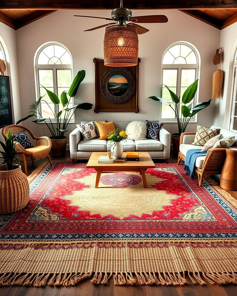 layered rug to add comfort to a bohemian living room - 15 Bohemian Tropical Bohemian Decor