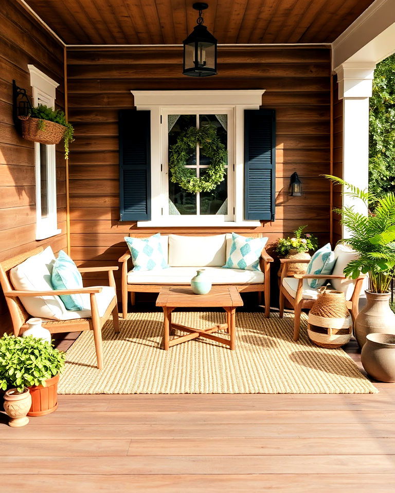 layered rugs for texture and warmth to cottage porch - 15 Cottage Front Porch Ideas