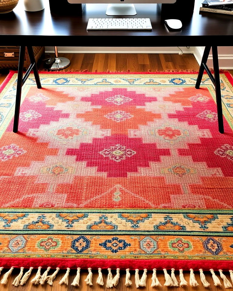 layered rugs in varying colors and patterns - 30 Colorful Home Office Ideas