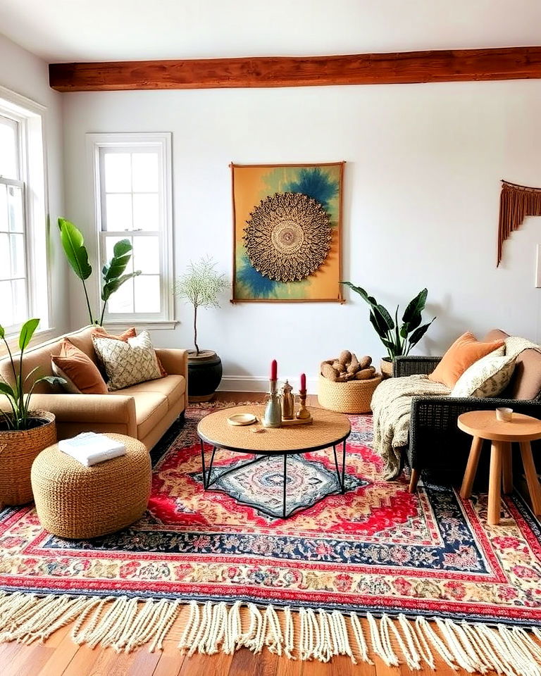 layered rugs to add depth in a bohemian space - 25 Bohemian Eclectic Interior Design Ideas