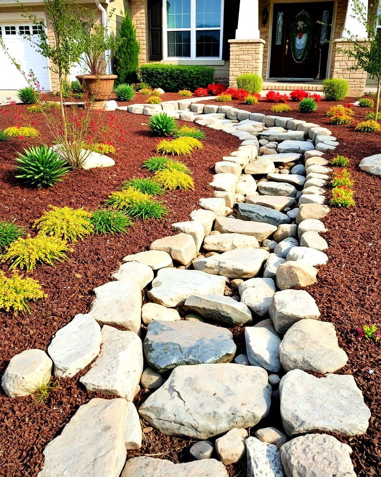 layered stone borders dry creek bed - 25 Front Yard Dry Creek Bed Landscaping Ideas