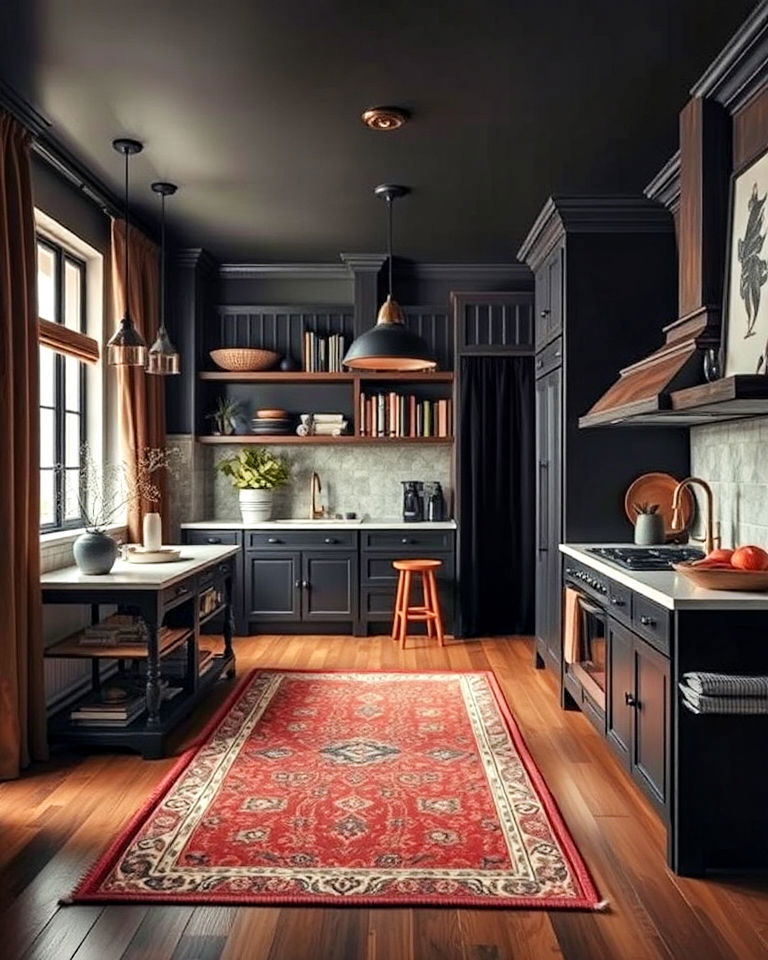 layered textiles dark academia kitchen - 25 Dark Academia Kitchen Ideas