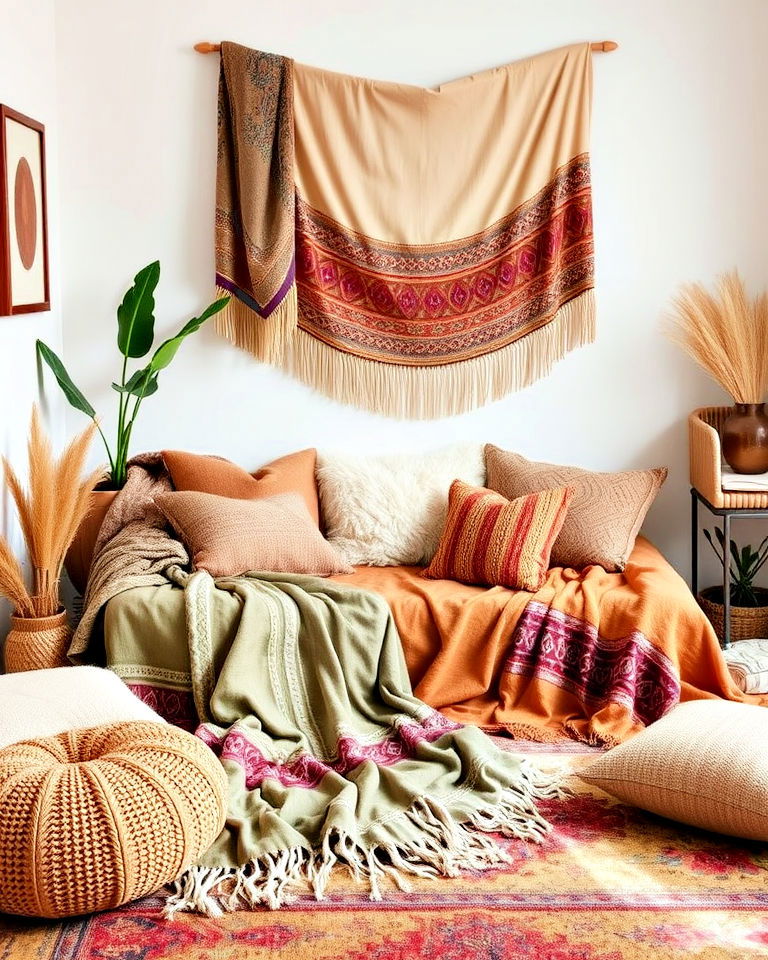 layered textiles for comfort - 15 Boho Meditation Room Ideas