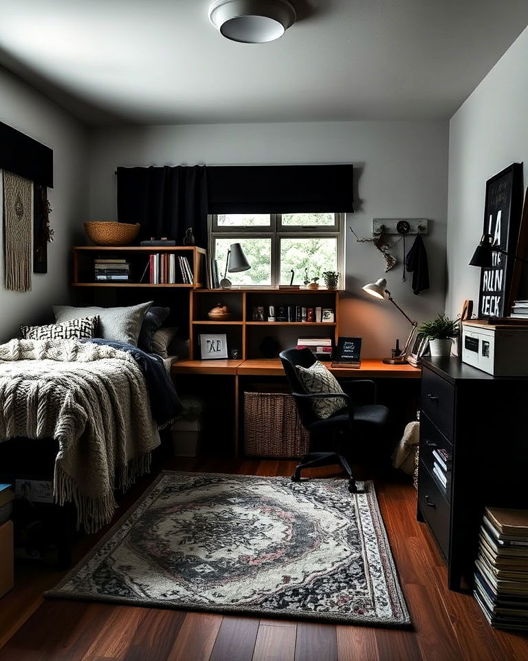 layered textures dark academia dorm room - 15 Dark Academia Dorm Room Ideas