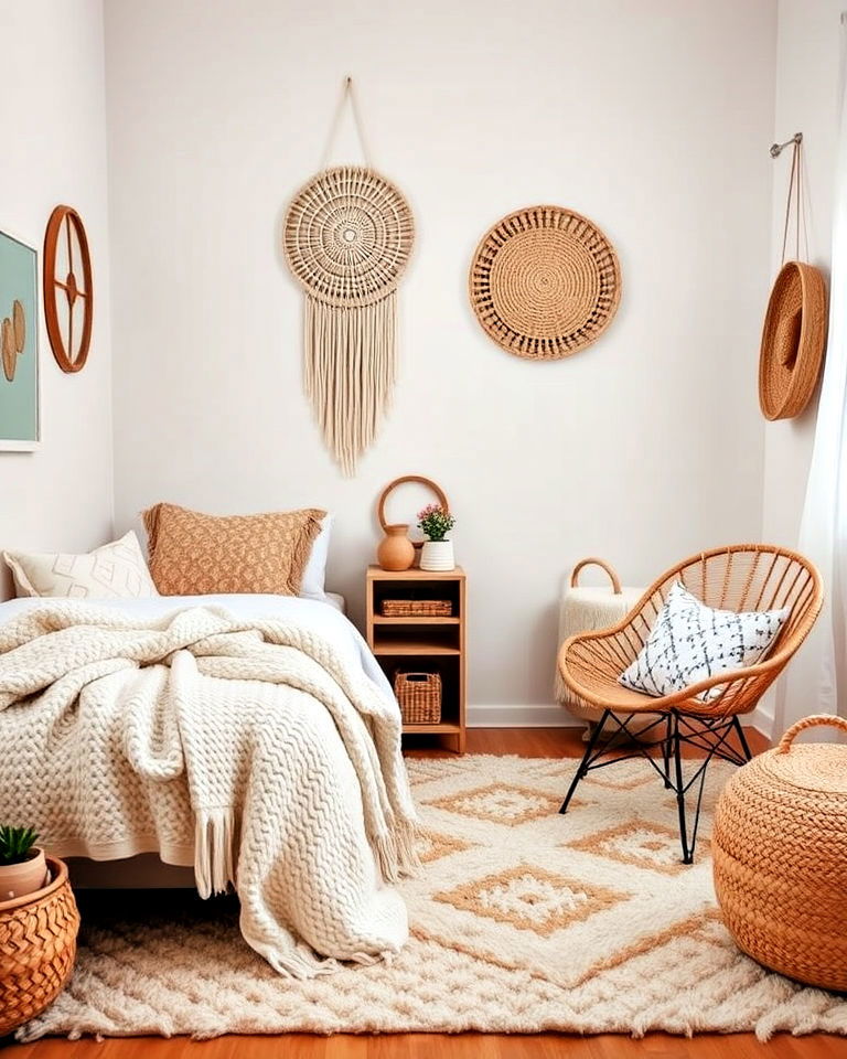 layered textures teen bedroom with woven accents - 25 Boho Teen Bedroom Ideas