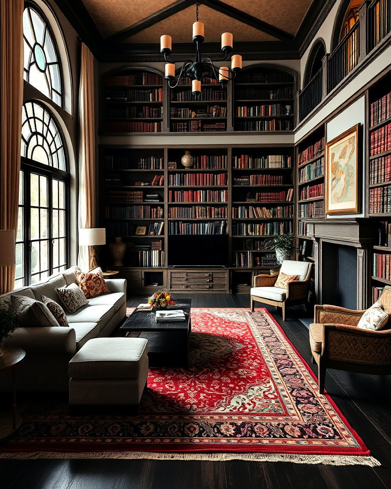layered vintage rug living room - 25 Dark Academia Living Room Ideas