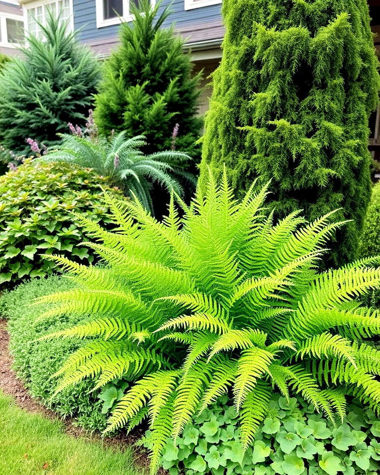layers with evergreen ferns for filling spaces - 25 Front Yard Evergreen Landscaping Ideas