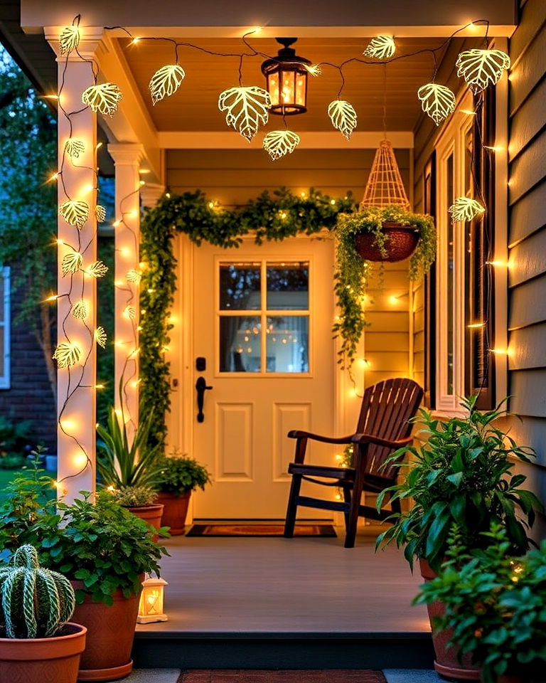 leaf themed string lights for nature lovers - 15 Front Porch String Lights Ideas