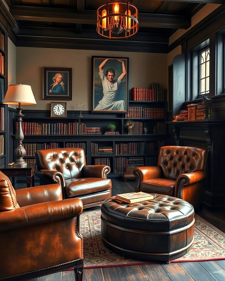 leather accents for dark academia interiors - 25 Dark Academia House Ideas
