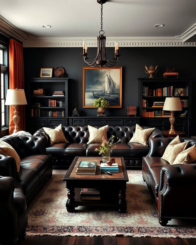 leather chesterfield sofa dark academia living room - 25 Dark Academia Living Room Ideas