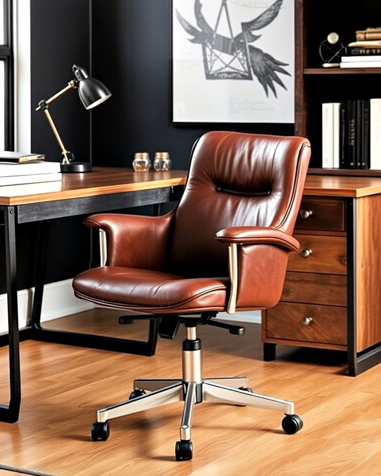leather office chair with industrial style - 30 Industrial Home Office Ideas