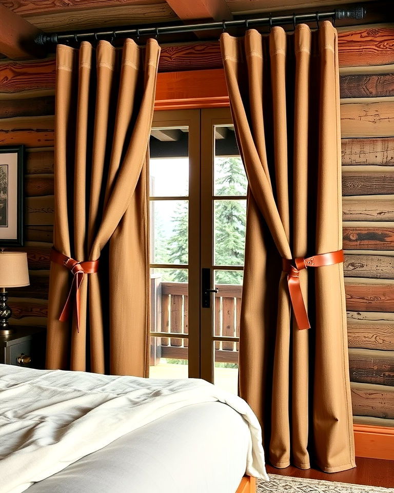 leather strap curtain holdbacks - 15 Cabin Curtains Ideas