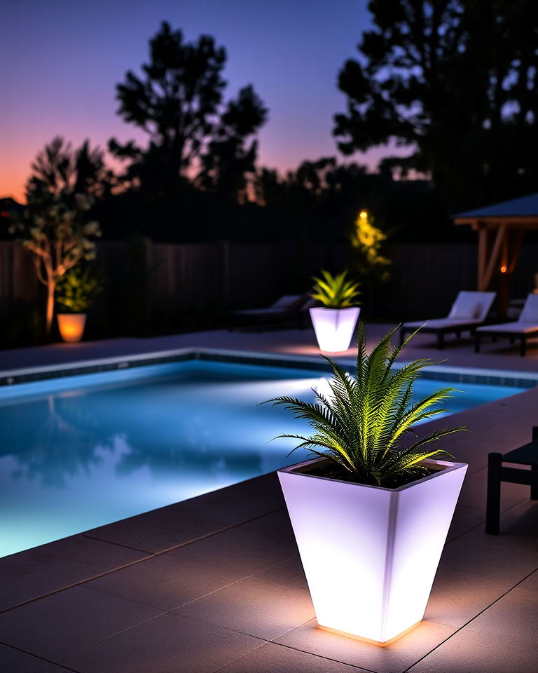 led lit planters illuminate the pool area - 25 Pool Planter Ideas