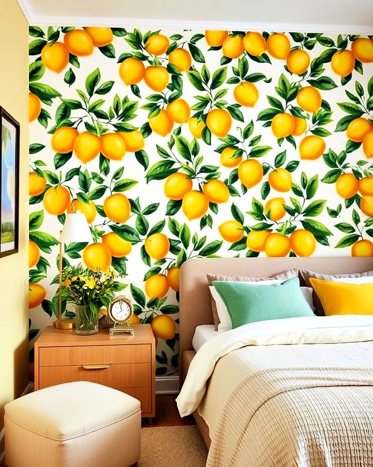 lemon themed accent wall for bedroom - 15 Lemon Bedroom Ideas