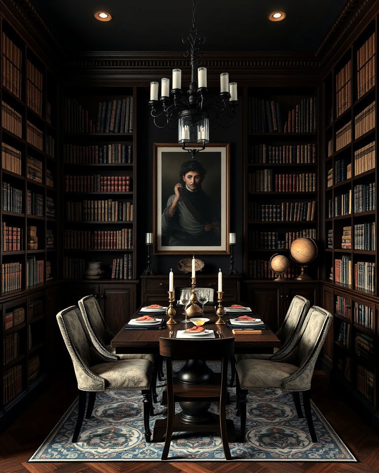 library wall with built in shelves - 15 Dark Academia Dining Room Ideas