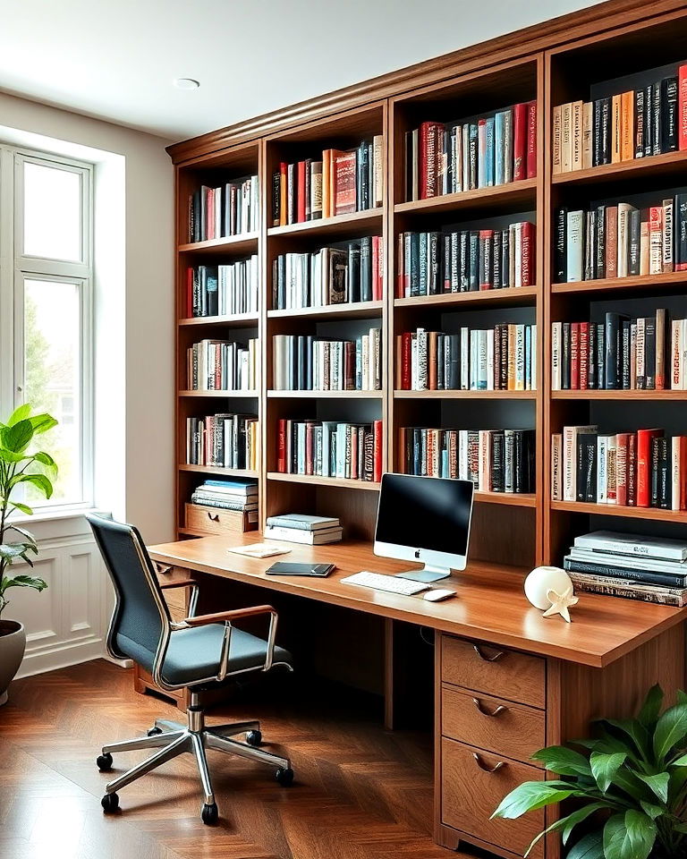 library wall with integrated desk home office - 25 Home Office Library Ideas