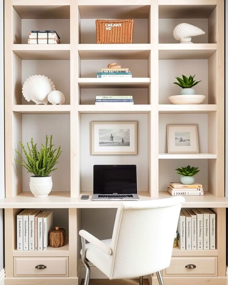 light and airy shelving for coastal inspired office - 20 Coastal Home Office Ideas