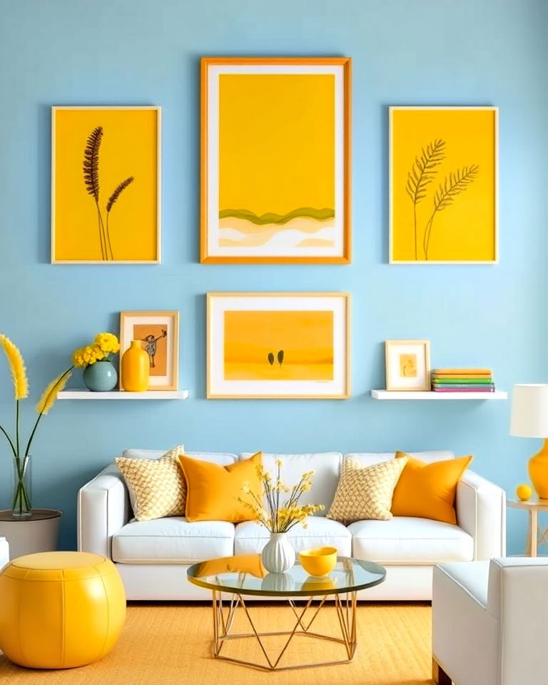 light blue living room walls with yellow decor - 20 Yellow and Blue Living Room Ideas