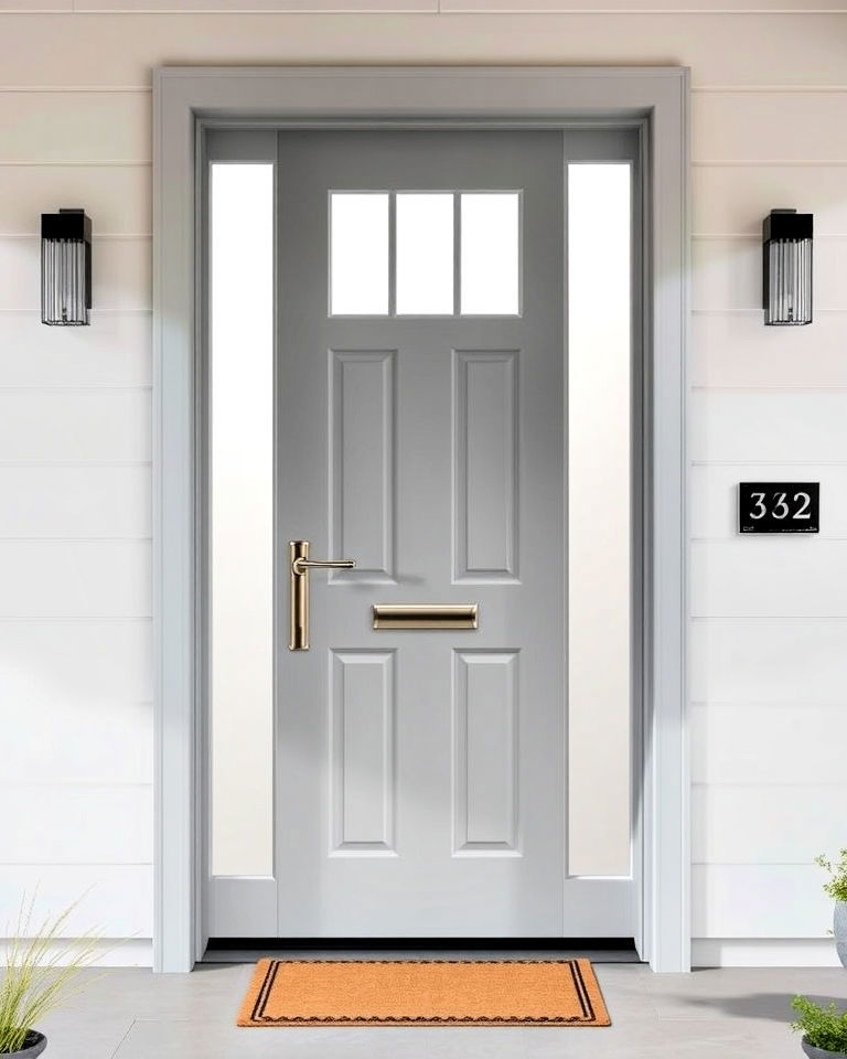 light grey door with frosted glass panels - 20 Grey Front Door Ideas