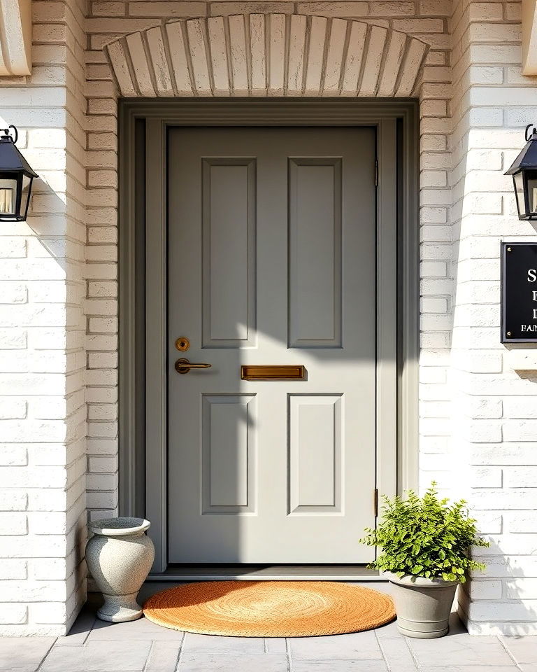 light grey door with whitewashed brick surround - 20 Grey Front Door Ideas