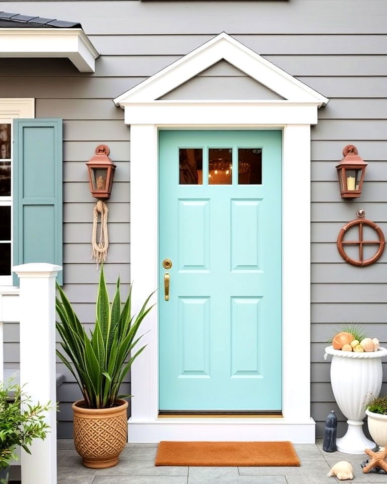 light teal for a breezy coastal aesthetic - 25 Grey House With Blue Door Ideas
