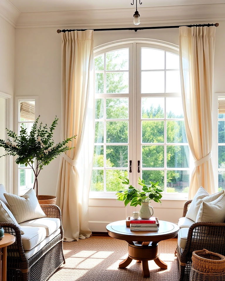 lightairy curtains to frame the view in french country living room - 30 French Country Living Room Ideas