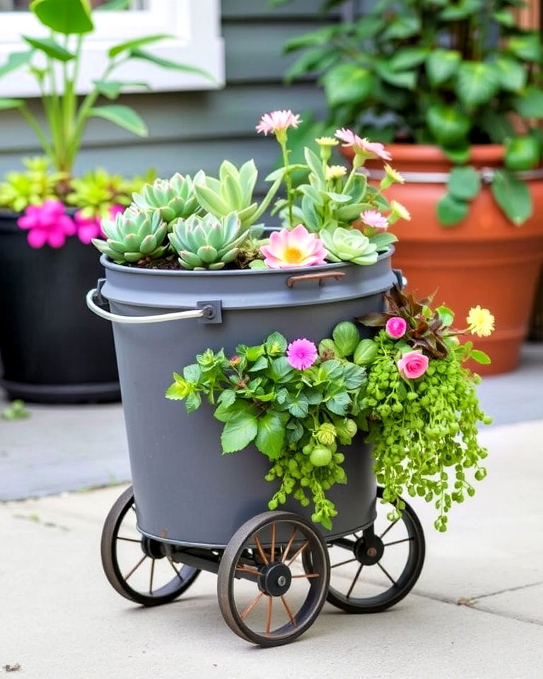 lightweight mobile bucket garden - 15 Bucket Garden Ideas