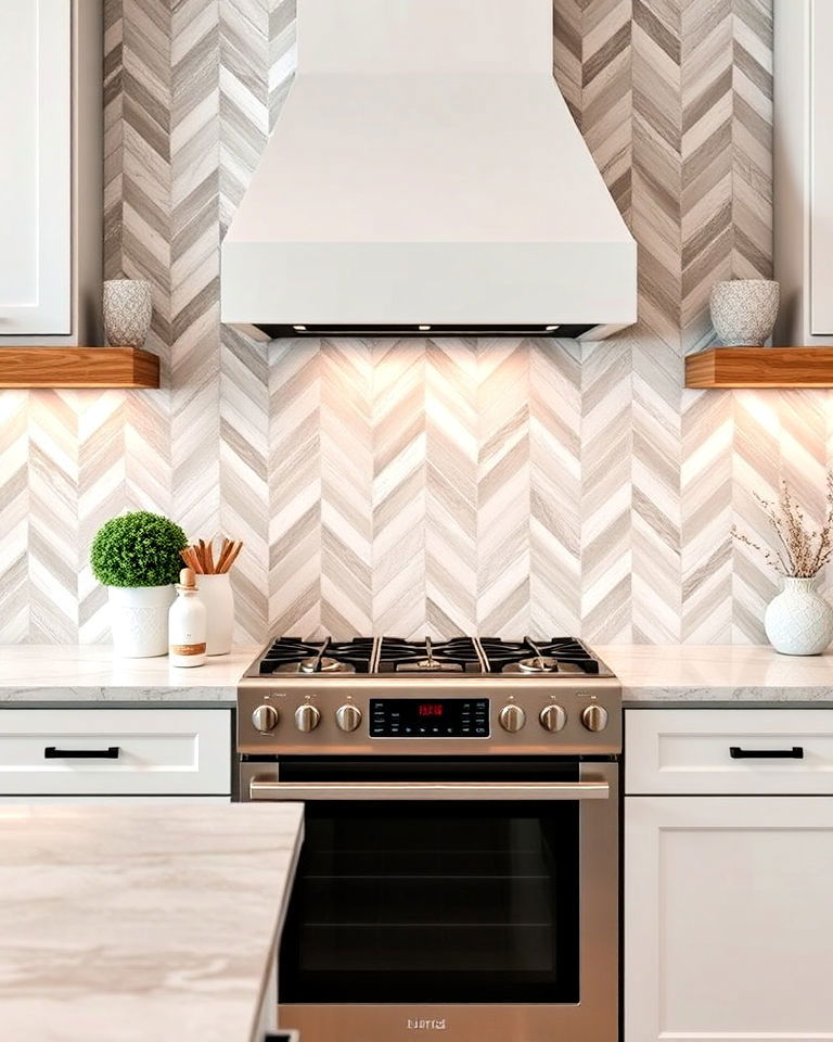limestone chevron kitchen backsplash - 20 Stone Kitchen Backsplash Ideas