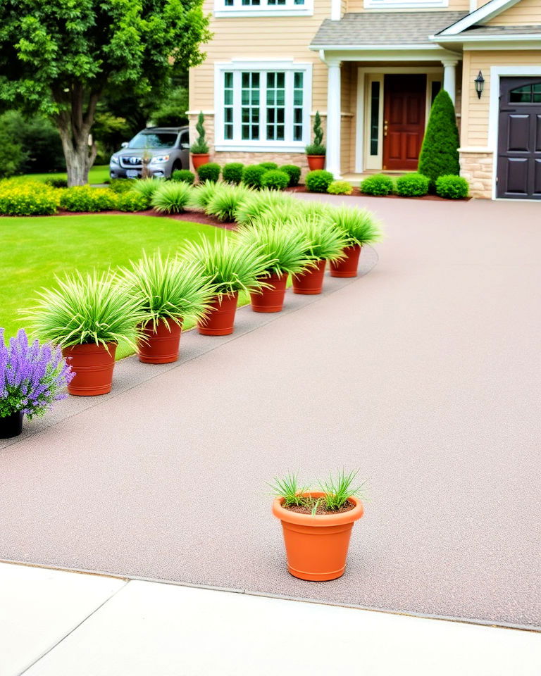 line the driveway with symmetrical pots - 20 Front Yard Landscaping With Potted Plants
