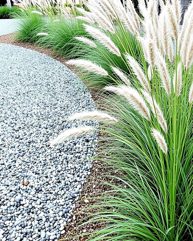 lined walkway with ornamental grass - 20 Pea Gravel Walkway Ideas