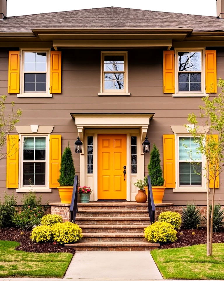 lively and chic taupe and mustard yellow exterior - 20 Exterior Taupe House Color Combinations