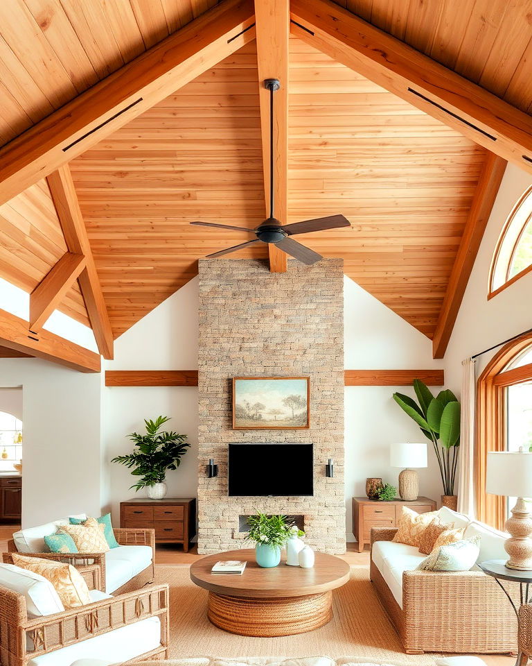 living room ceiling with natural wood beams - 20 Tropical Living Room Ideas