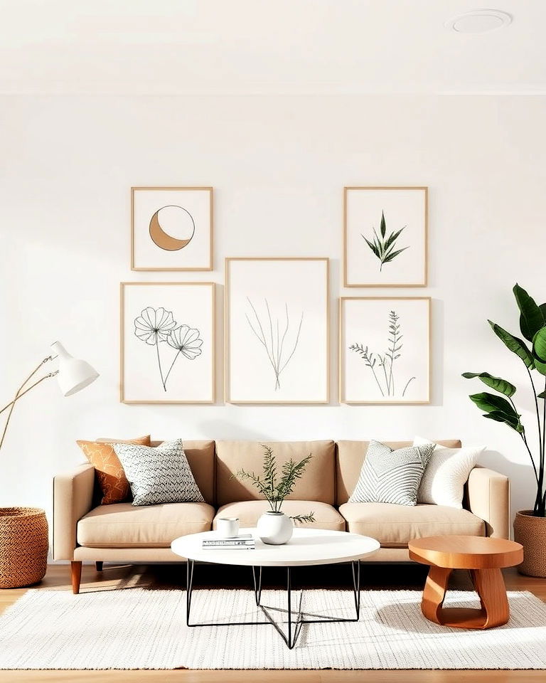 living room gallery wall with boho accents - 20 Minimalist Modern Boho Living Room Ideas