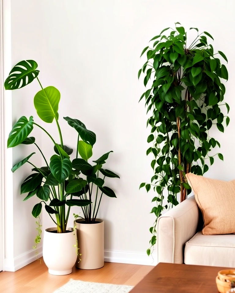 living room greenery for an organic touch - 20 Minimalist Modern Boho Living Room Ideas