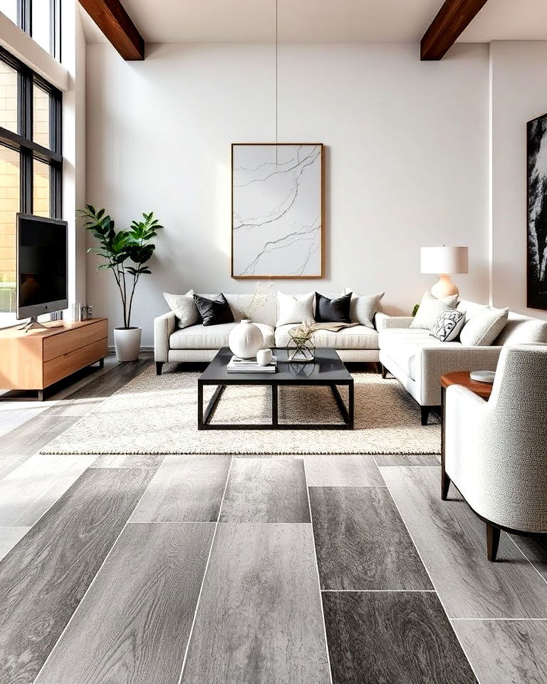 living room into a luxurious retreat with stone inspired vinyl planks - 20 Living Room Vinyl Flooring Ideas