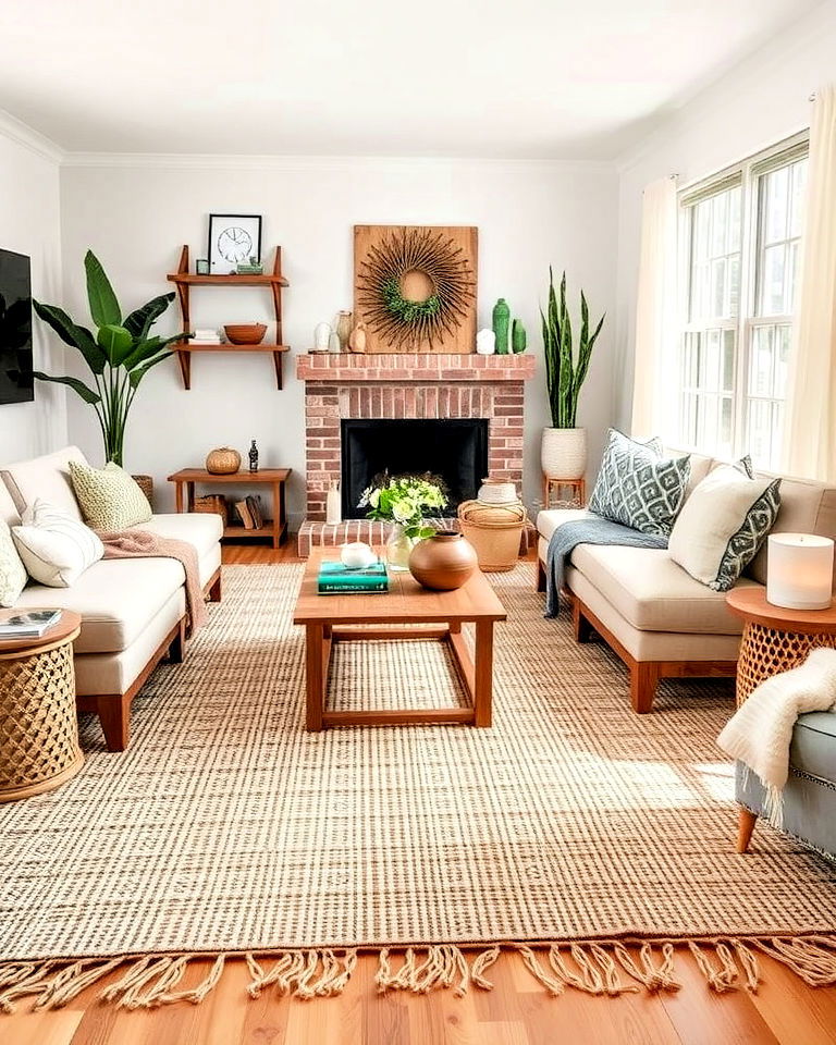 living room layer rugs for textural depth - 25 Rustic Boho Living Room Ideas