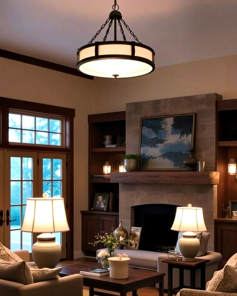 living room layered lighting for ambiance - 25 Craftsman Living Room Ideas