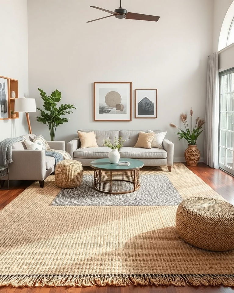living room layered rugs for texture and depth - 15 Neutral Boho Living Room Ideas