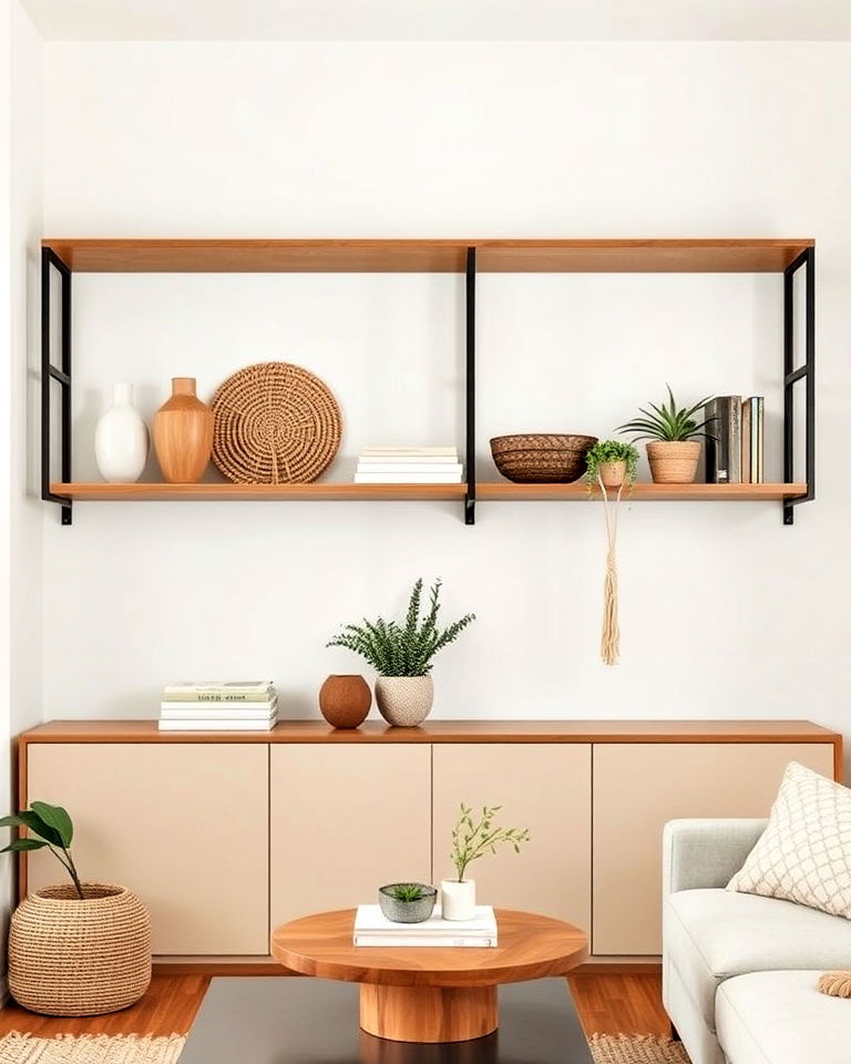 living room open shelving with boho decor - 20 Minimalist Modern Boho Living Room Ideas
