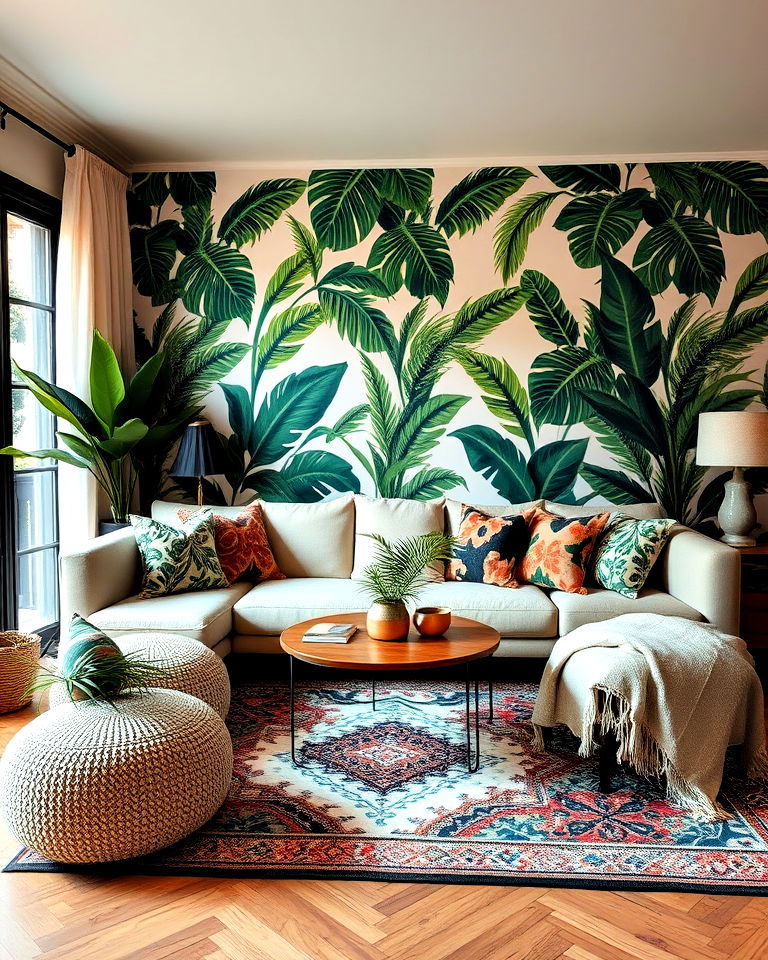 living room with bold nature inspired patterns - 15 Boho Jungle Living Room Ideas