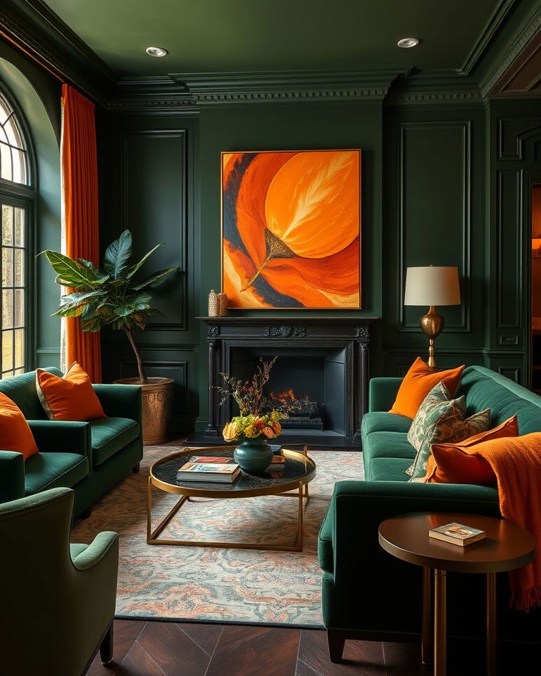 living room with dramatic green and orange contrast - 25 Green and Orange Living Room Ideas